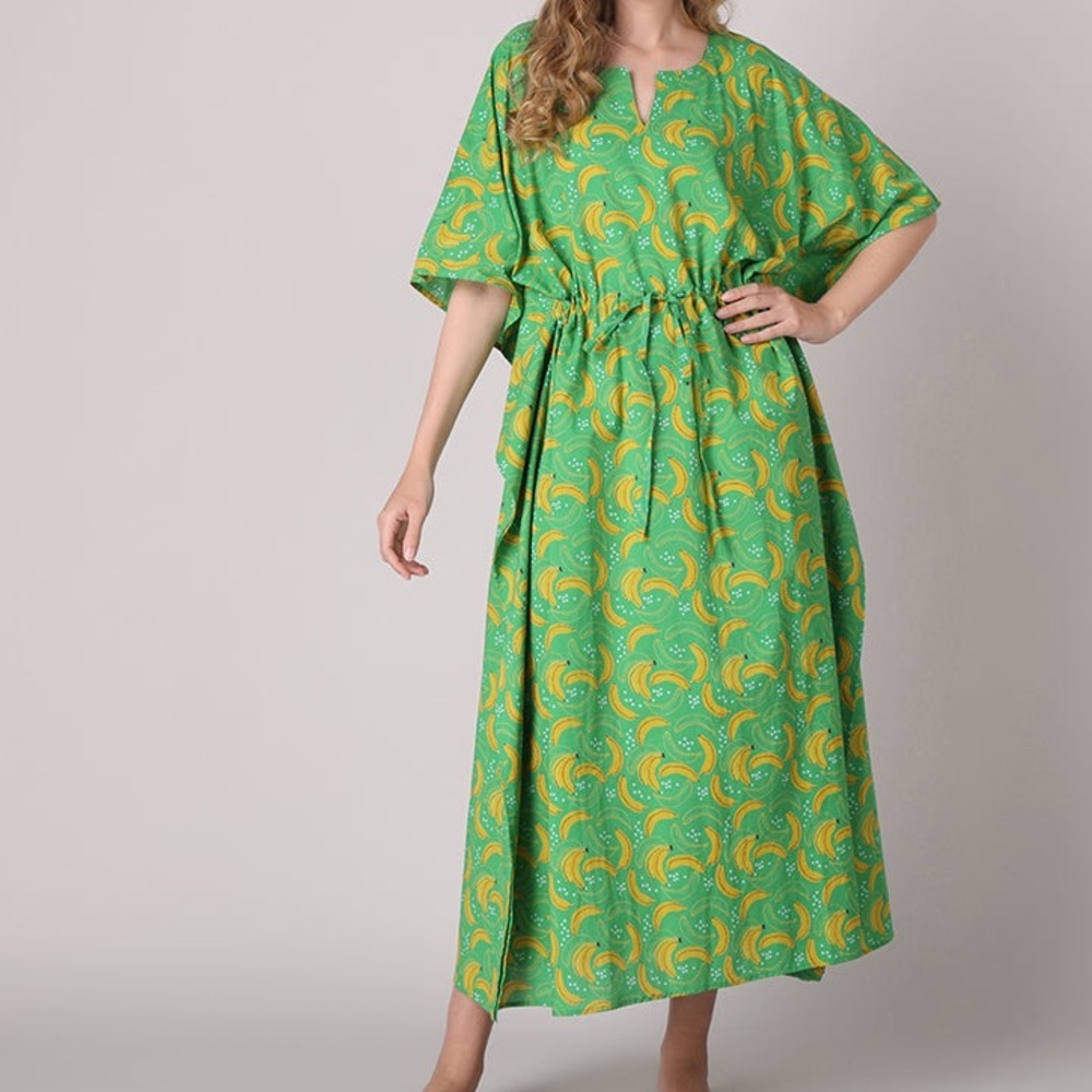 Mahogany Green & Yellow Banana Print One Size kaftan TROPICAL RETREAT